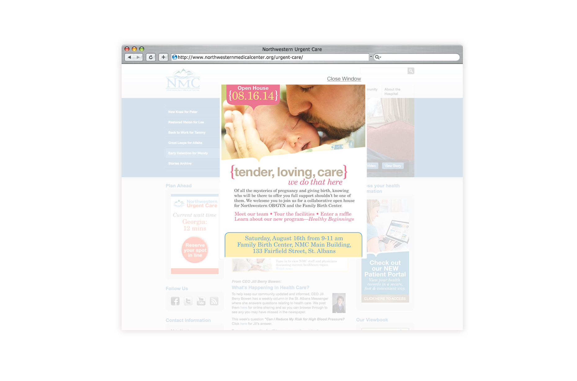 Northwestern Medical Center associated brand "Healthy Beginnings" website pop-up design.