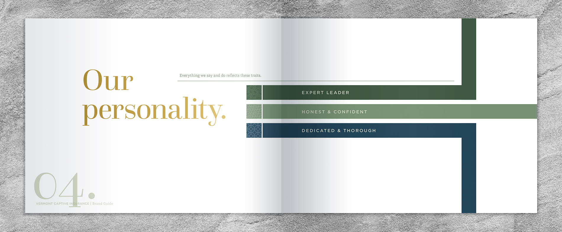 Brand identity book design for Vermont Captive Insurance