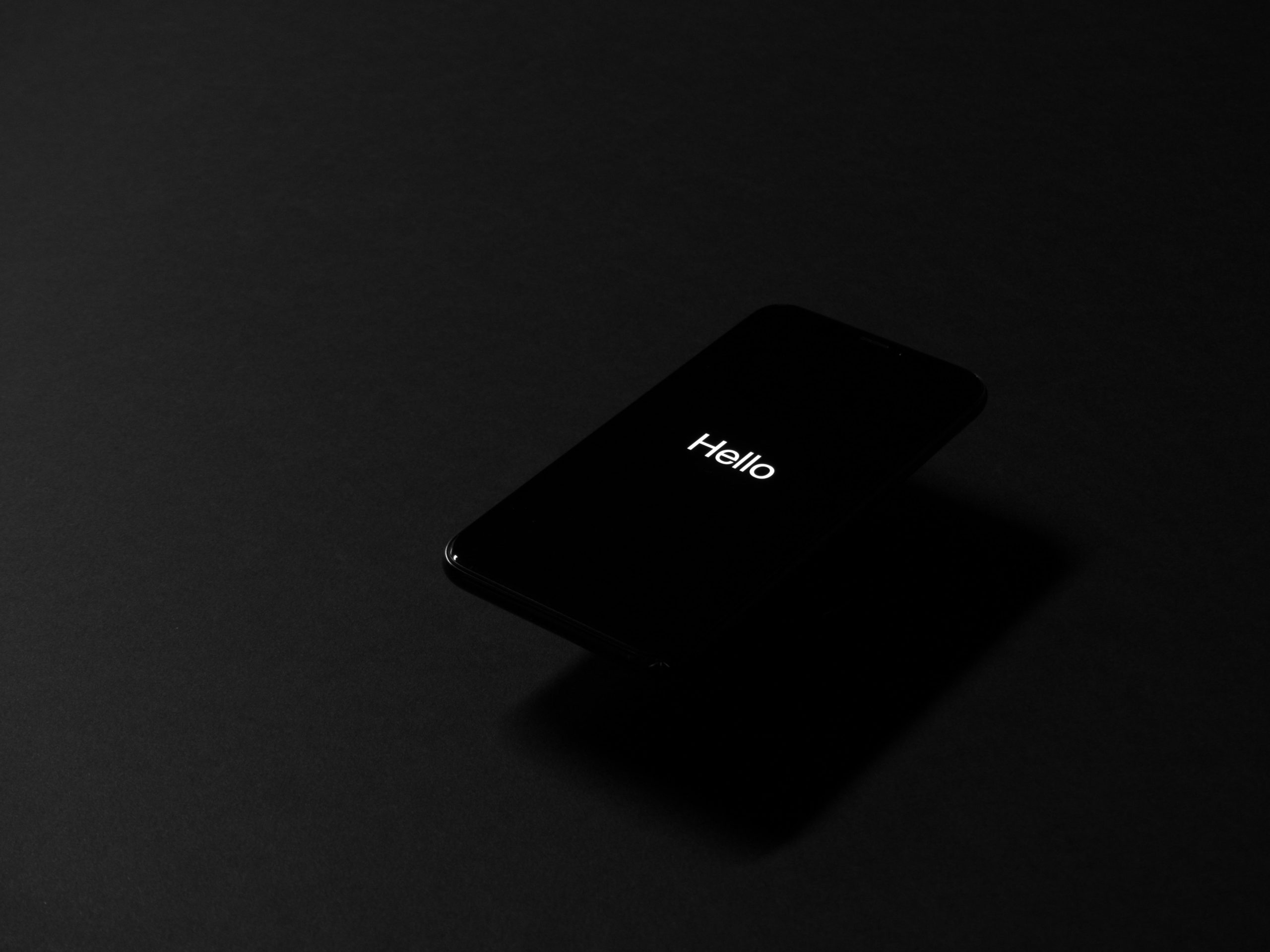 Black background with white type saying "Hello" An example of keeping marketing communications simple.