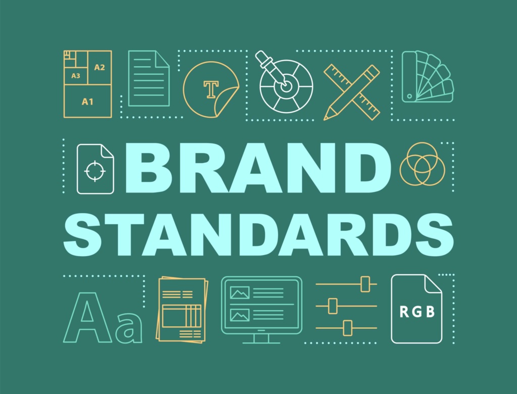 Enforcing brand standards in healthcare marketing Graphic with icons representing typography, color palettes, and design tools, centered around the words "Brand Standards."