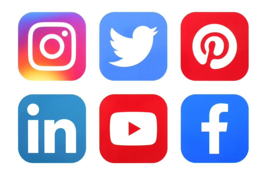 Social media platforms icons for healthcare marketing Icons of popular social media platforms including Instagram, Twitter, Pinterest, LinkedIn, YouTube, and Facebook.