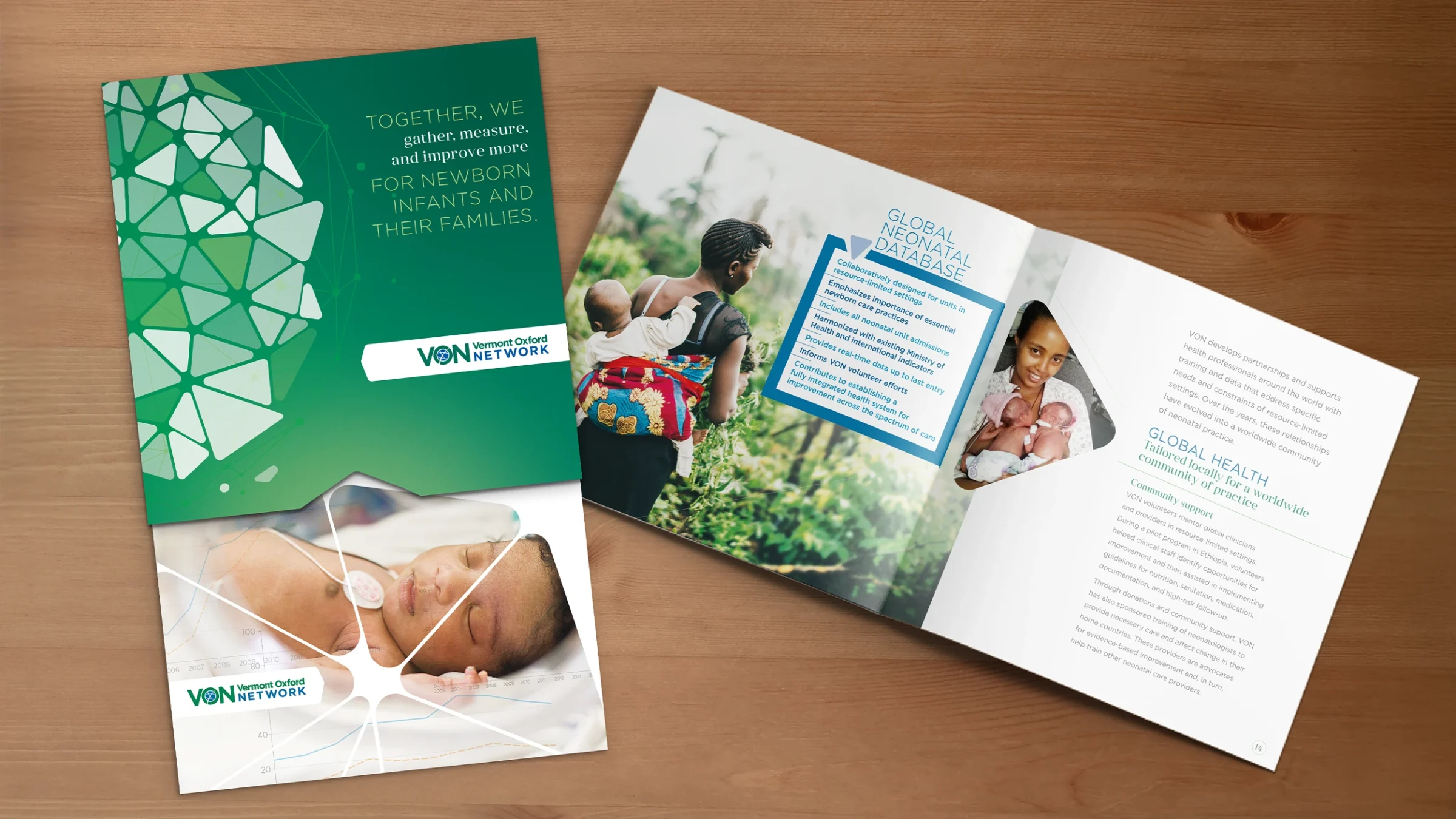 Printed brochure for Vermont Oxford Network featuring neonatal care messaging, photography, and global health data.