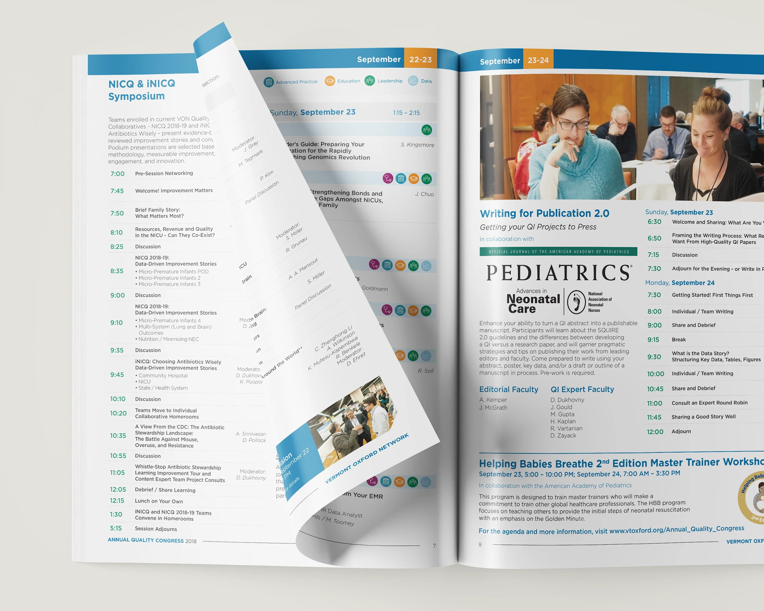 Interior pages of the Vermont Oxford Network 2018 Annual Quality Congress event guide, featuring schedules, sessions, and workshop highlights.