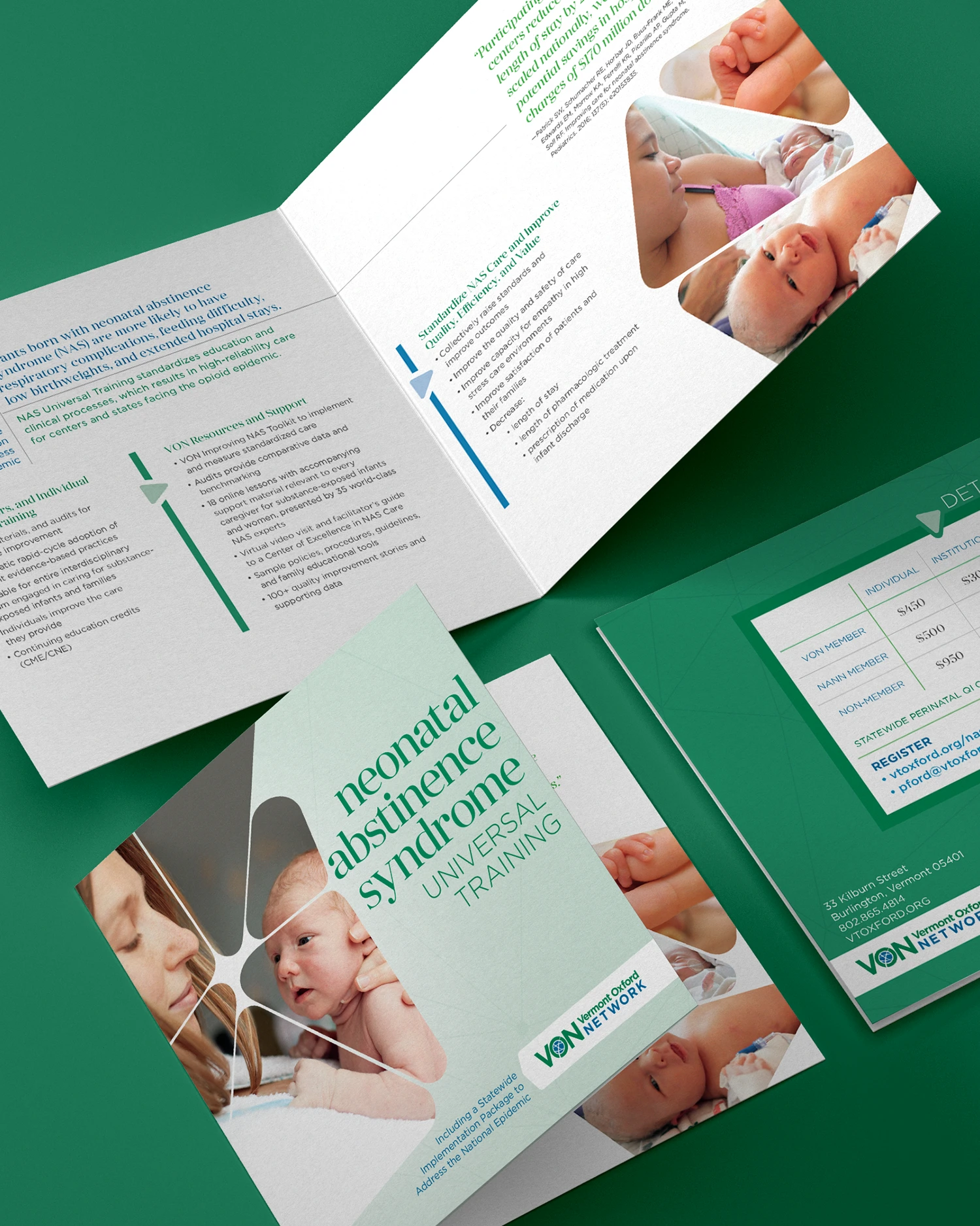 Tri-fold brochure for Vermont Oxford Network’s Neonatal Abstinence Syndrome Universal Training, featuring text, photography, and registration details.