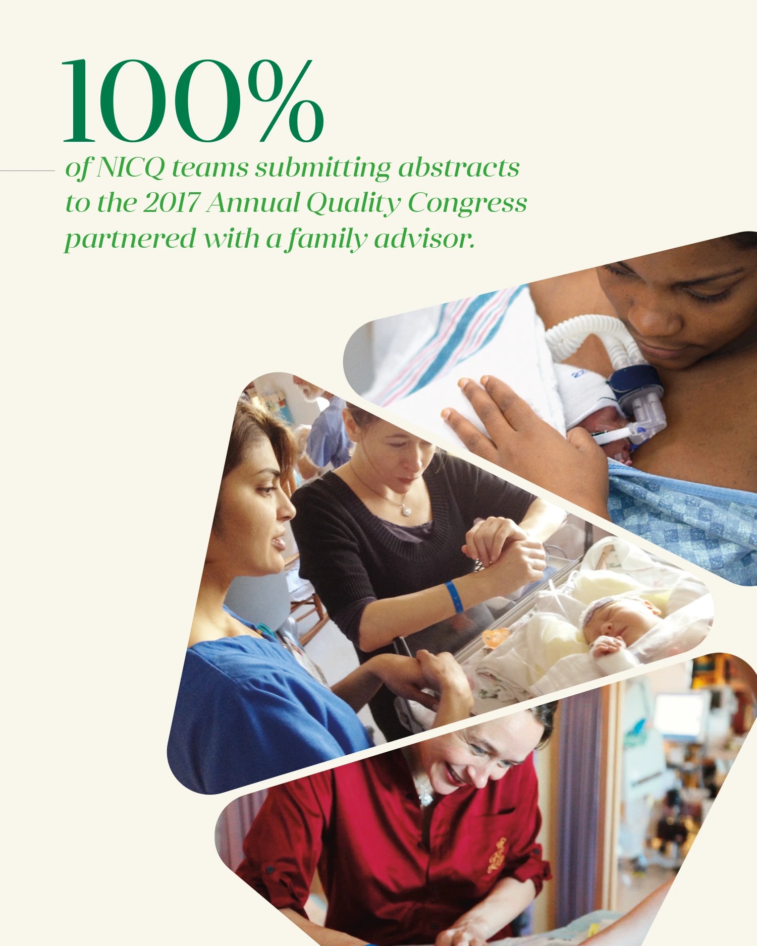 Graphic showing the statistic "100% of NICQ teams submitting abstracts to the 2017 Annual Quality Congress partnered with a family advisor," alongside images of caregivers and families with newborns.