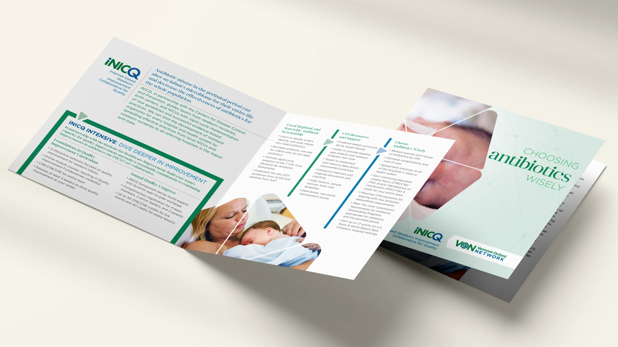 Tri-fold brochure created for Vermont Oxford Network’s “Choosing Antibiotics Wisely” initiative, featuring neonatal care content and VON branding.