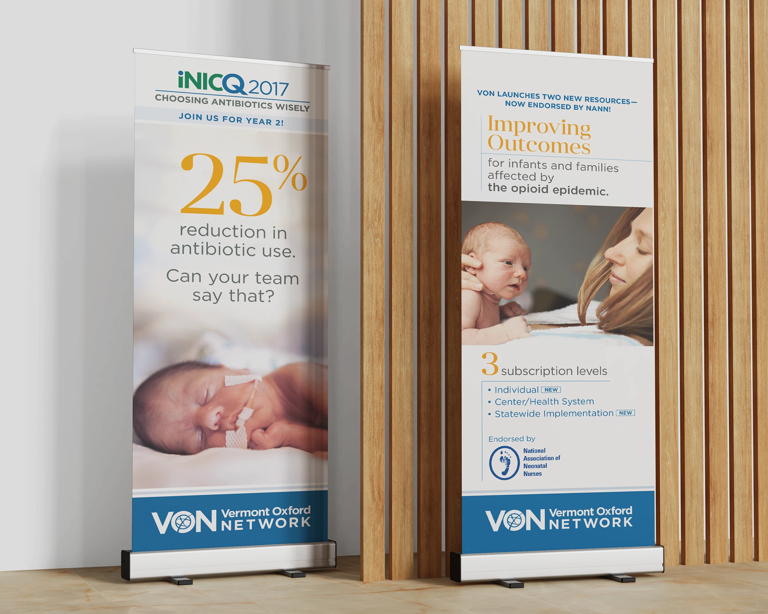 Two vertical conference banners designed for Vermont Oxford Network, promoting antibiotic reduction results and opioid-affected infant care resources.