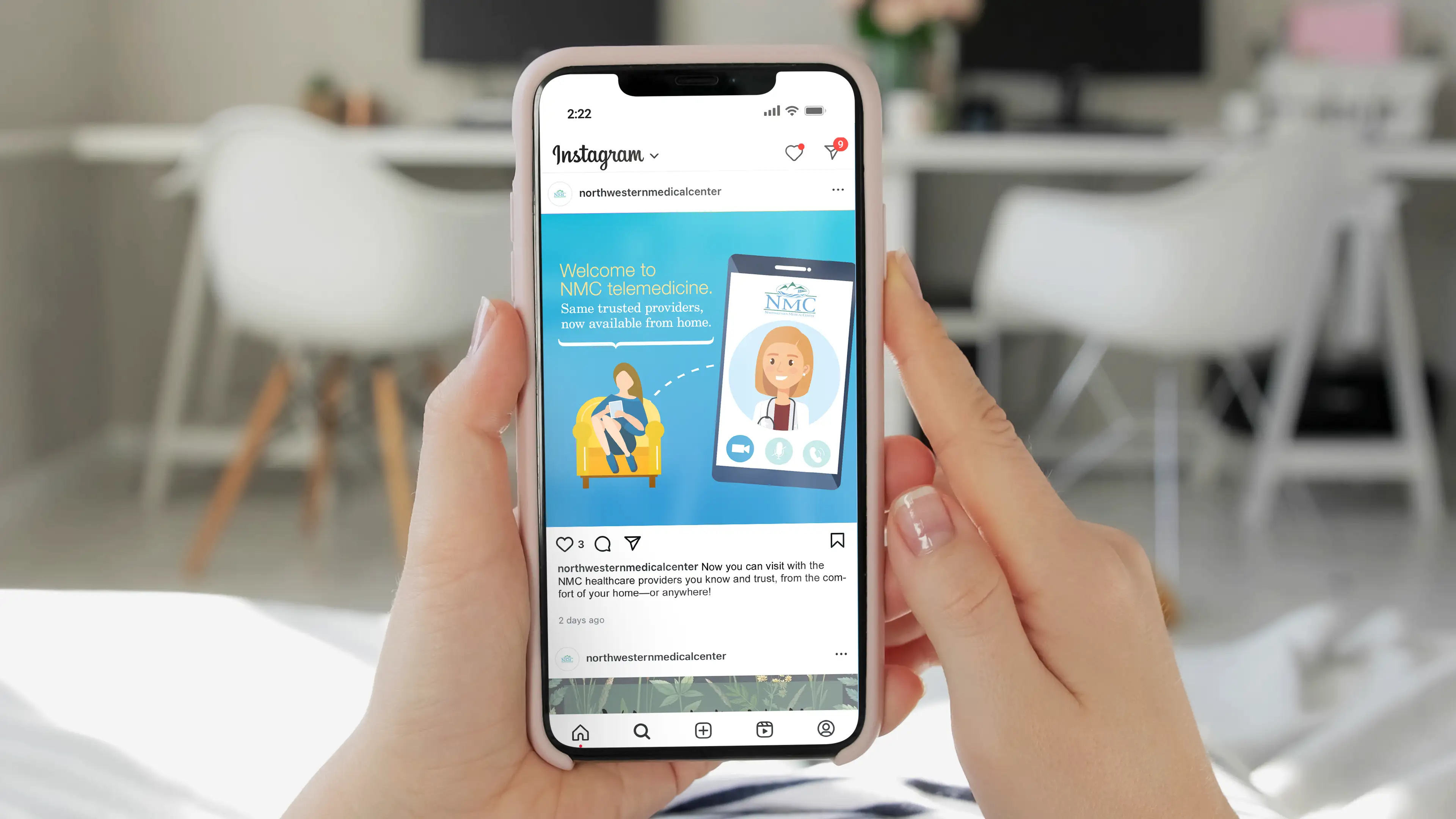 An Instagram ad for Northwestern Medical Center's telehealth services